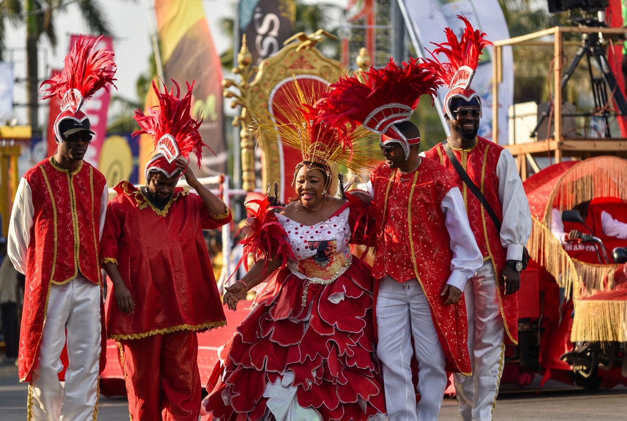 Seagull Band procession in crimson and gold carnival costumes
